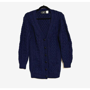 The Irish Store Cardigan Small Chunky Knit Cable Knit Fisherman Wool Blue Sweate